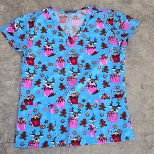 Serene‎ Uniforms Scrub Top Christmas, Size Small Blue, Hot Chocolate,  T8